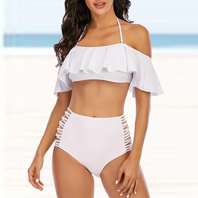 

Женский купальник с подвесным вырезом, синий купальник с принтом листьев лотоса, бикини, танкини M белый