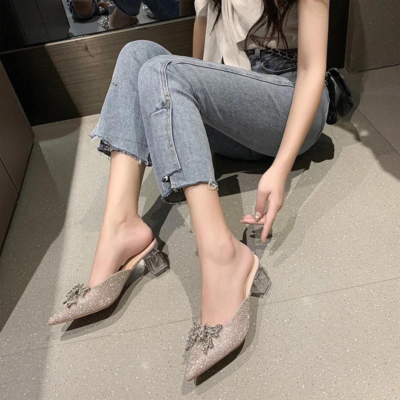 Fashion Women's Luxury Closed Toe Slip on Slipper Mules 2025 Summer Designer Brand Pointed Toe Bow Knot High Heels Shoes Sandals Slides
