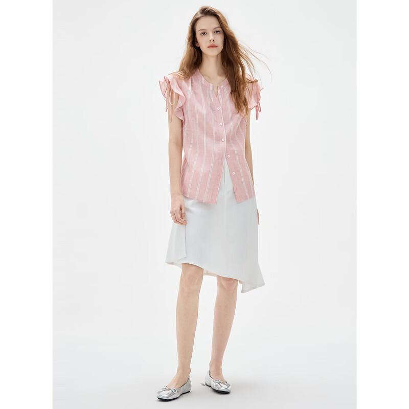ELLE Women's Lyocell-Linen Ruffle V-Neck Blouse