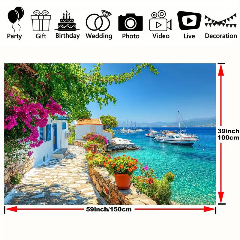 Sfondo Villaggio Greco sul Mare d'Estate Città Costiera Mare Blu Barca Sfondo per Servizio Fotografico