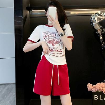 Academic Style Casual Sports Suits for Women Summer Korean Fashionable Loose Short-sleeved T Shirt and Shorts Y2k Running Two-piece Set Young Girl