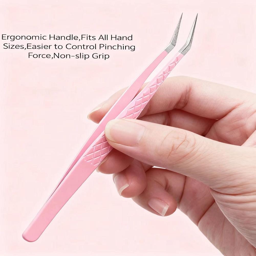 Stainless Steel Private Label Volume Eyelash Extensions Custom Pink Silver Fiber Tip Lash Tweezers
