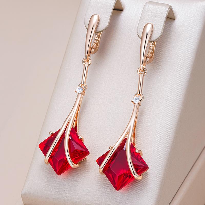 Square Red Natural Zircon Long Drop Earrings For Women  Rose Gold Color High Quality Daily Fine Vintage Jewelry
