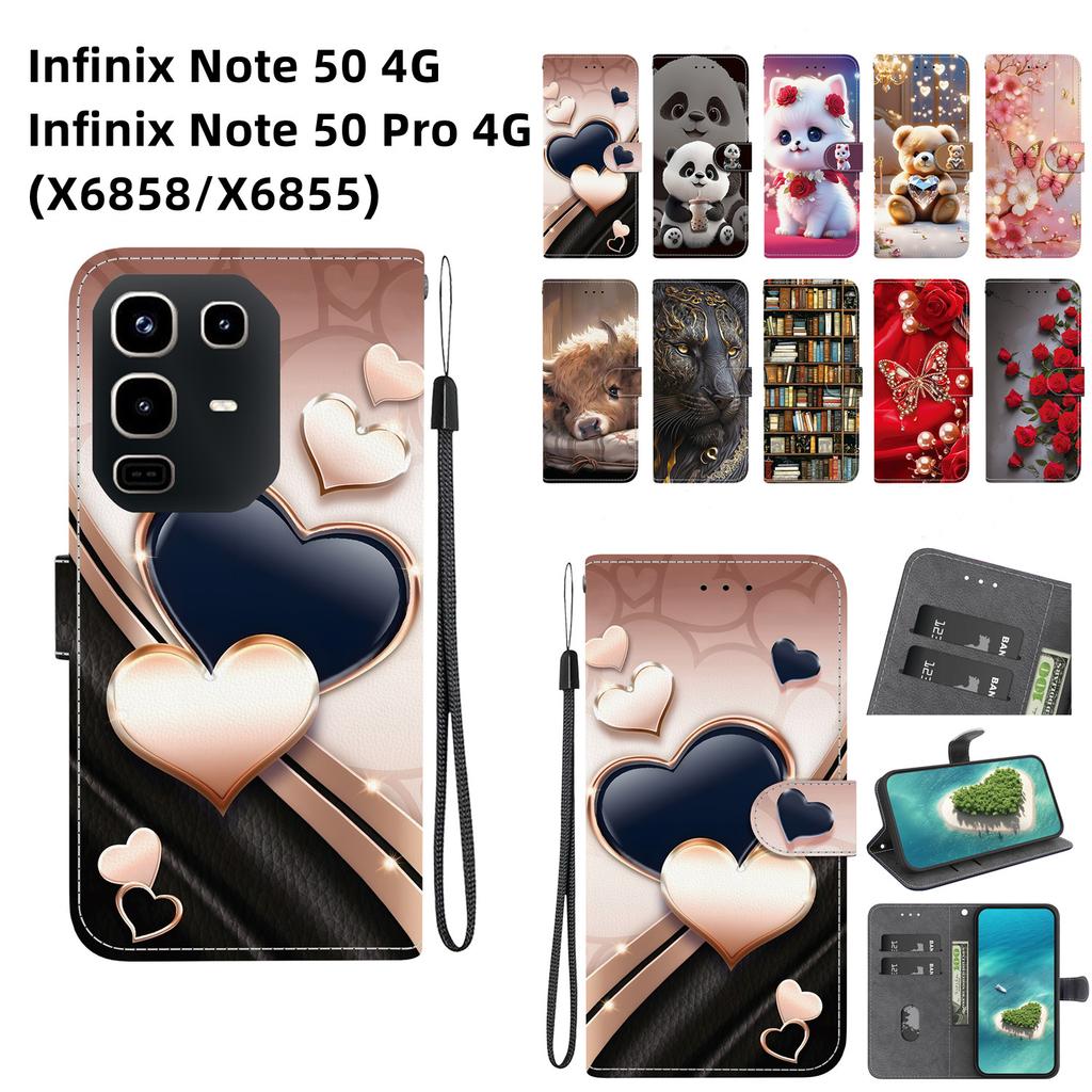 Handmade PU Leather Flip Case for Infinix Note 50 4G/Note 50 Pro 4G (X6858/X6855) Anti-Slip Shockproof Cover with Wrist Strap & Heart/Rose Cat Designs