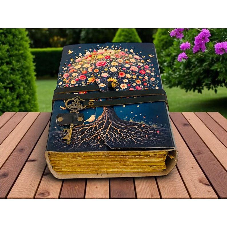 Tree of Life Grimoire – Vintage Leather Boho Notebook with Key | Deckle Paper Journal for Wiccans, Writers & Dreamers Diary
