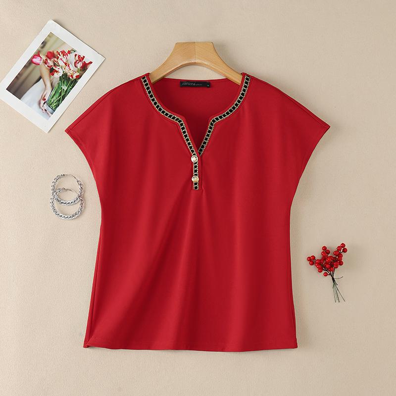 ZANZEA Women Splice V-Neck Loose Casual Short Sleeve Blouse