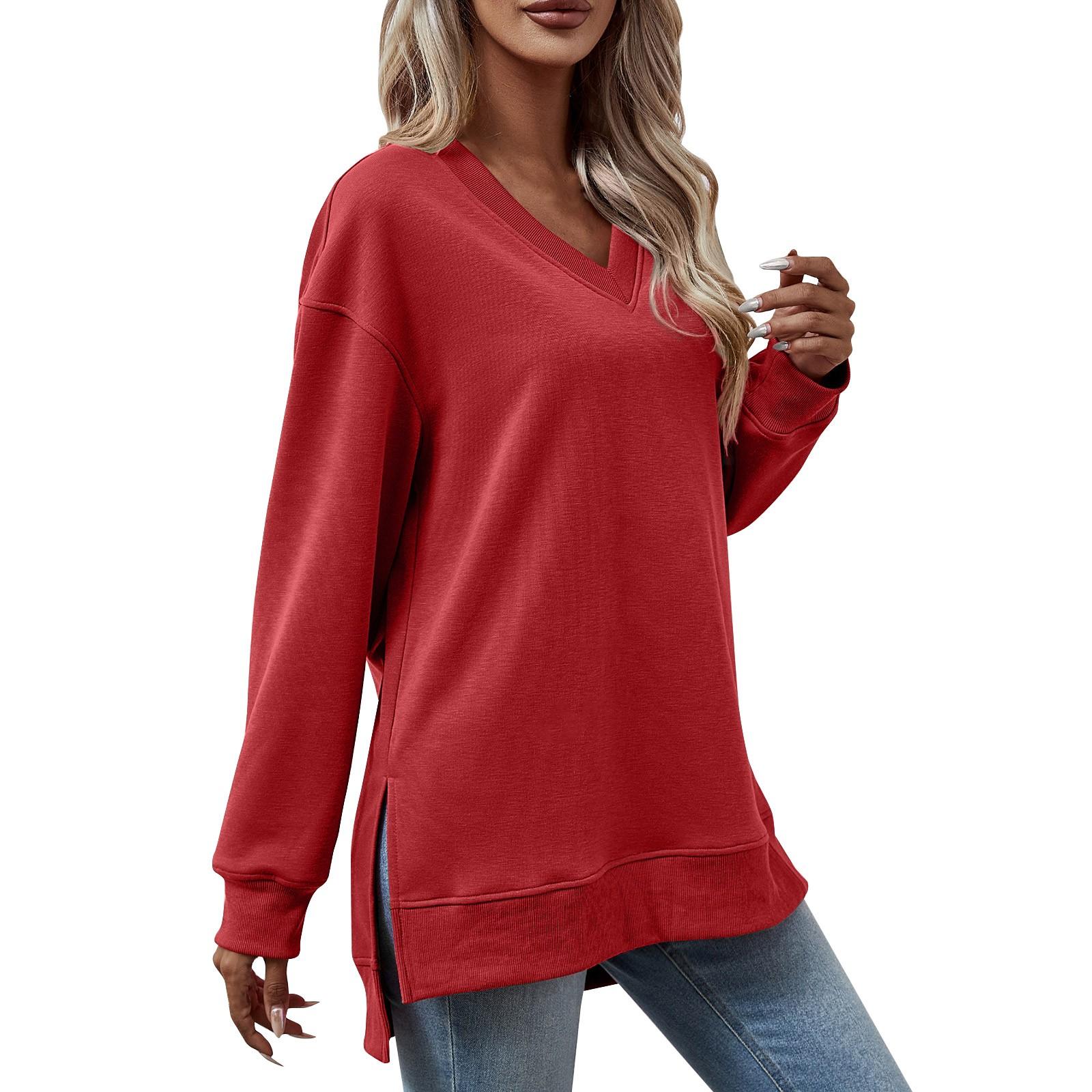 

Женская модная мягкая толстовка с v-образным вырезом и разрезом спереди, короткая толстовка сзади XL красный