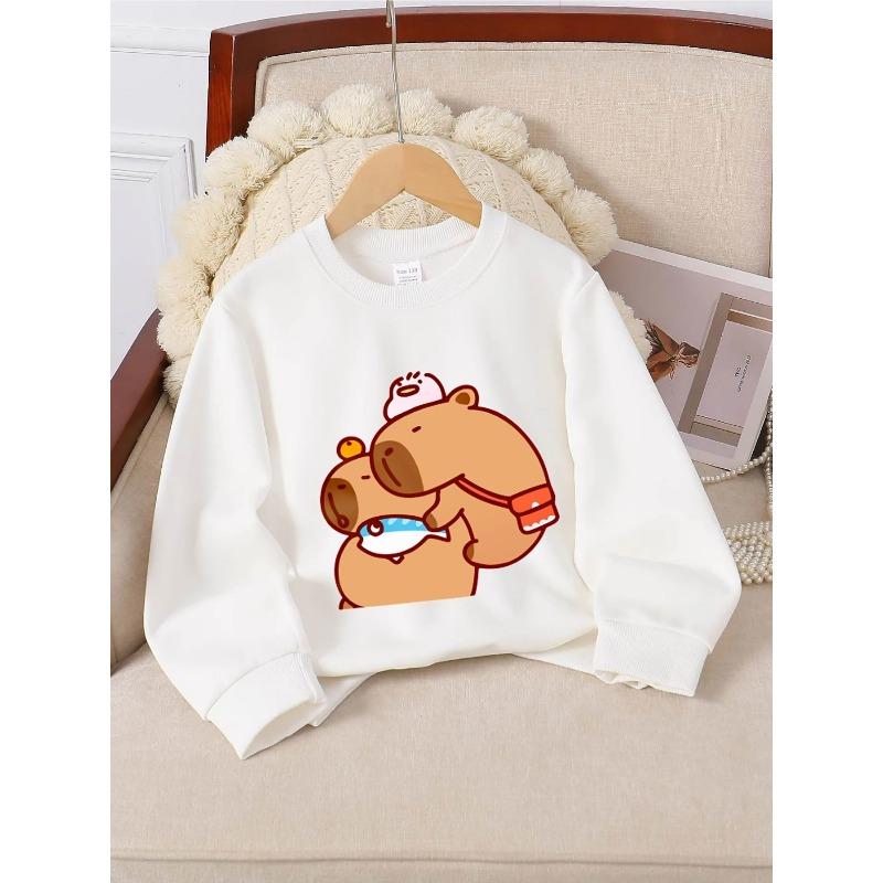 European sizes Kids' Crewneck Sweatshirt - Bear Holding Fish with Hat , Sportswear And Casual Wear, Soft And Comfortable, Children's Clothing