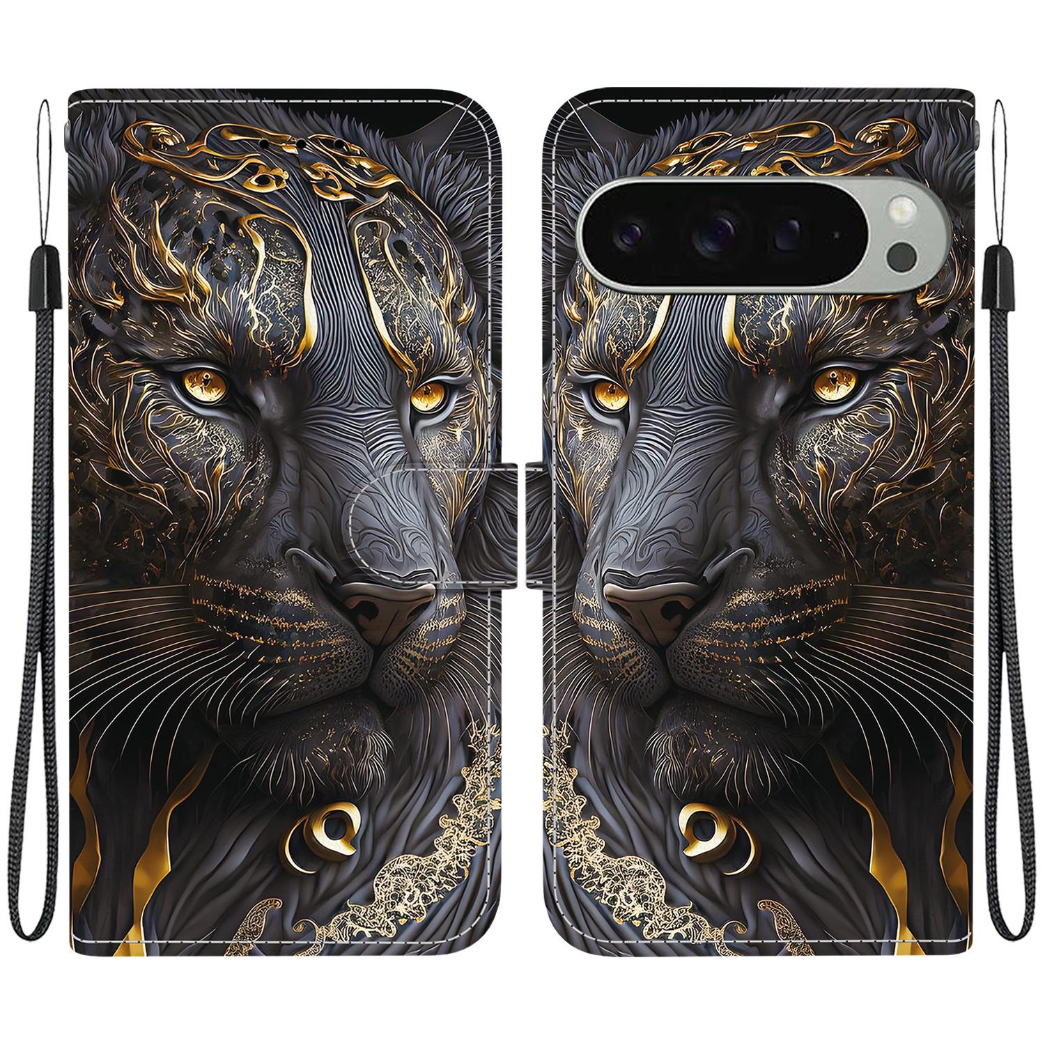 

For Google Pixel 9 Pro/Pixel 9 Leather Case Stand Wallet Pattern Printing Phone Cover with Wrist Strap Black Gold Lion