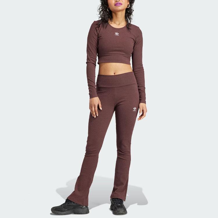 Adidas Originals Essentials Rib Flared Pants With Logo Women Bottoms Dark-Grey-Brown IJ5398