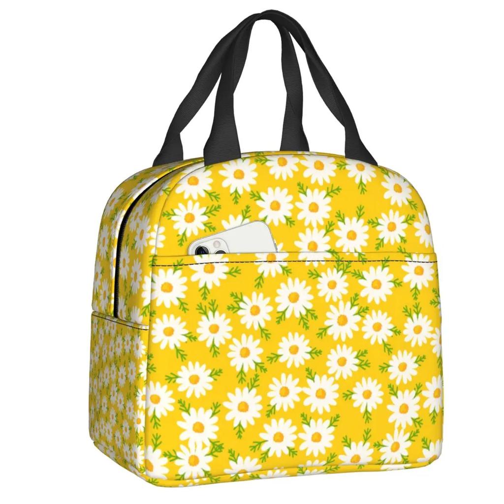 Custom Daisy Floral Lunch Bag Women Cooler Thermal Insulated Daisies Flower Lunch Box for Kids School Work Picnic Food Tote Bags