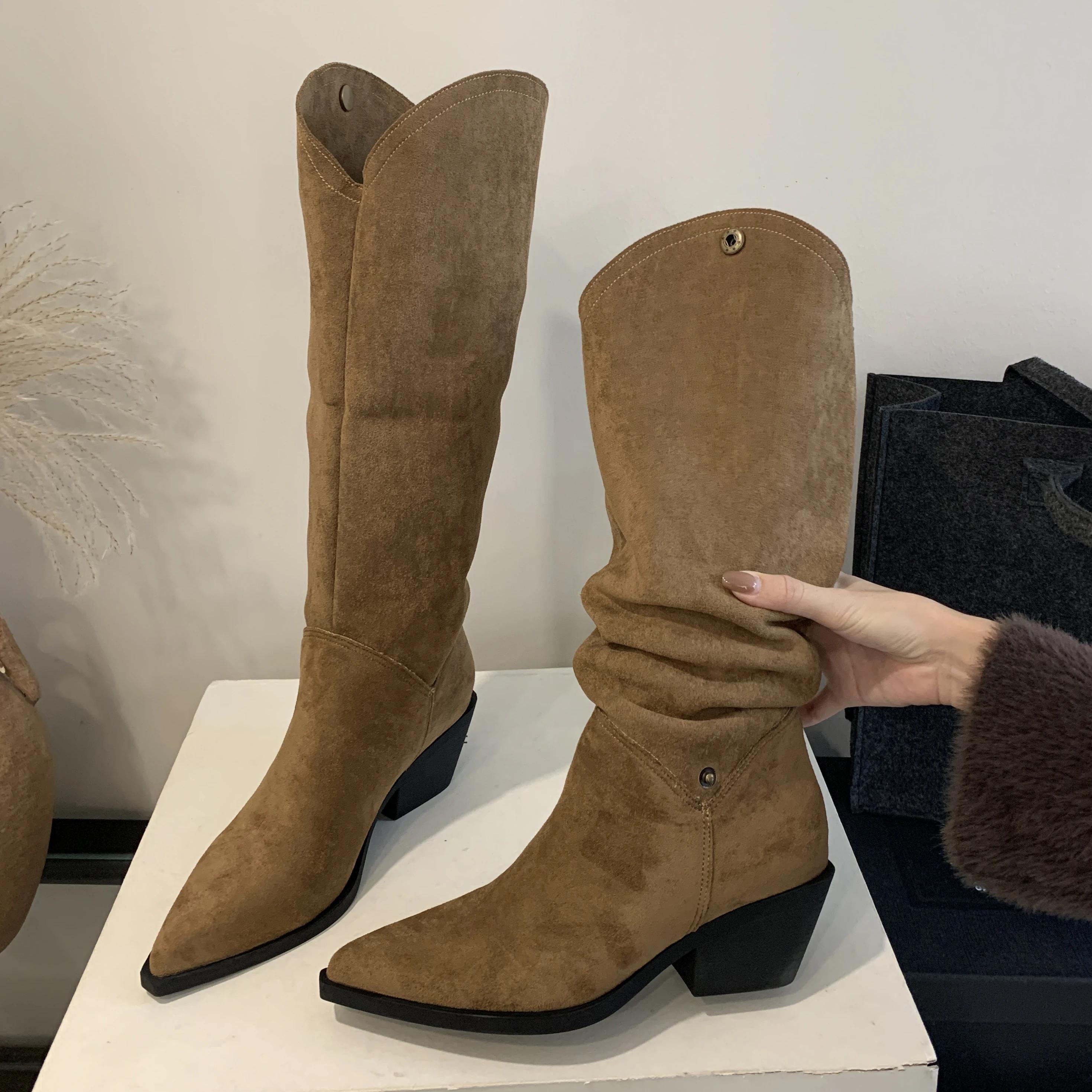 

Fashion Retro Style Fold Button Women Knee-High Boots Fashion Pointed Toe Square Heels Casual Ladies Shoes Zapatos De Mujer 35 коричневий