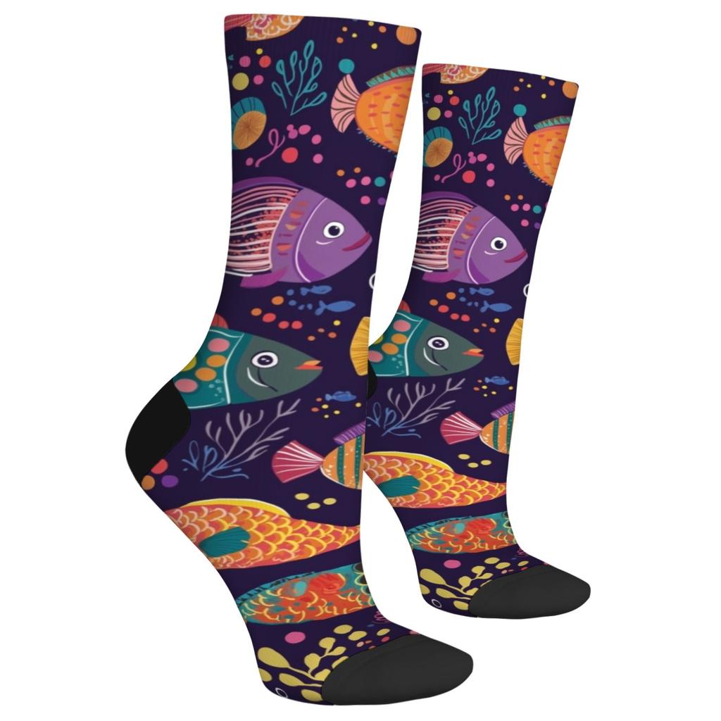 Ocean Elements Bunter Fischdruck Unisex Mode Socken Harajuku Retro Abstrakte Kunst Crew Socken Weiche Atmungsaktive Freizeit Sportsocken