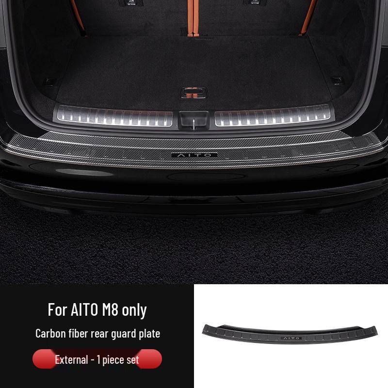 AITO M8 Rear Bumper Cover: Carbon Fiber Texture/Stainless Steel Tailgate Sill Plate - Dirt & Scratch Resistant.