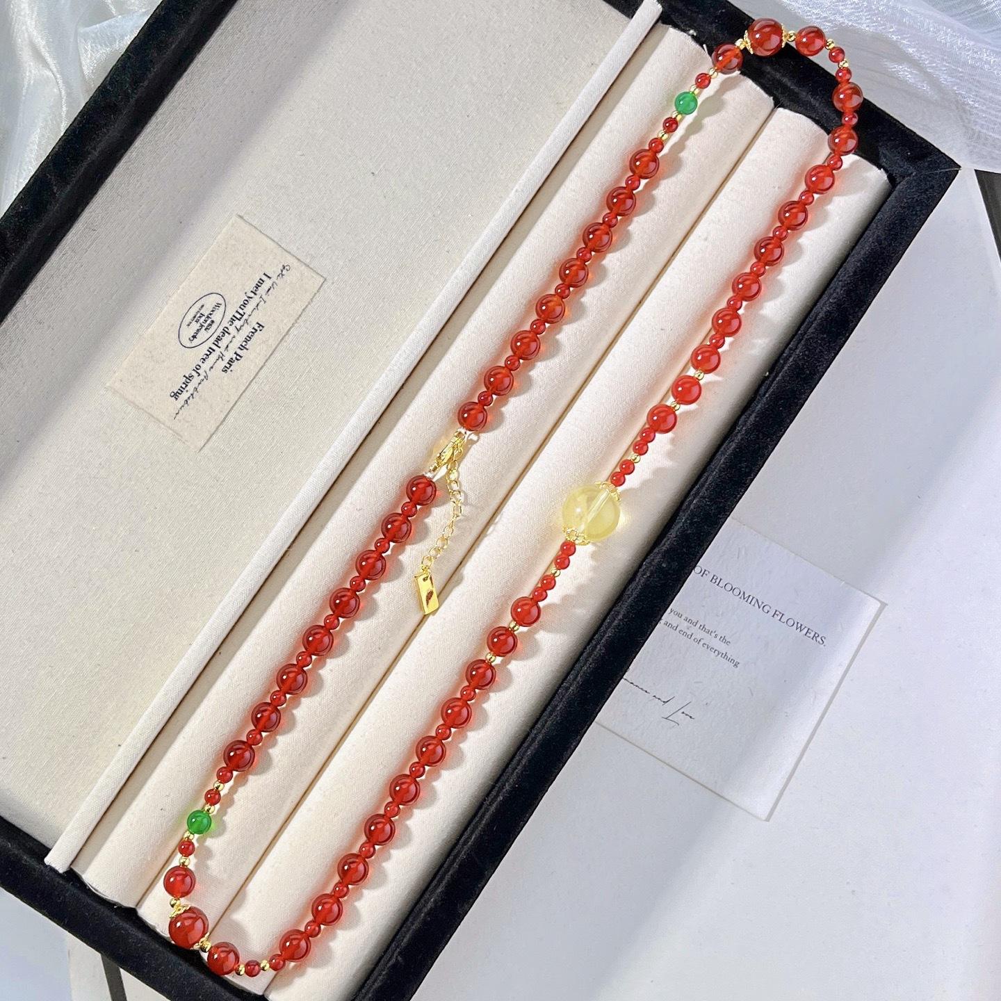Vintage High-Quality Ice-Permeable Pigeon Blood Red Natural Chalcedony Agate Citrine Sweater Chain Necklace