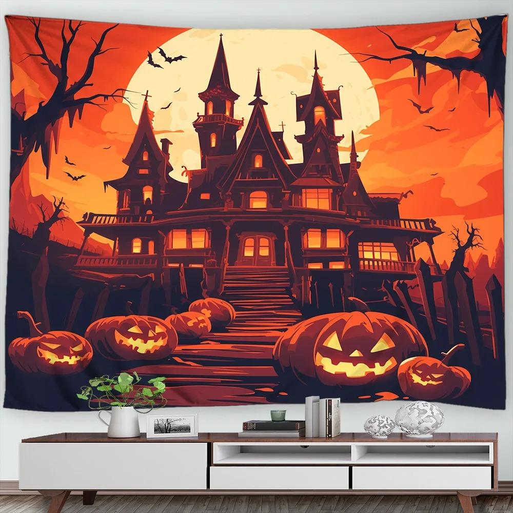 Halloween Decorative Tapestry Pumpkin Lantern Wall Hanging Full Moon Gothic Castle Ghost Bat Tapestry Home Room Decoration