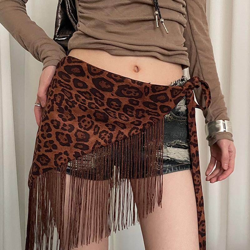 Y2k Leopard Print Tassel Gstring Panty With Wide Waist Belt For Summer Fashion