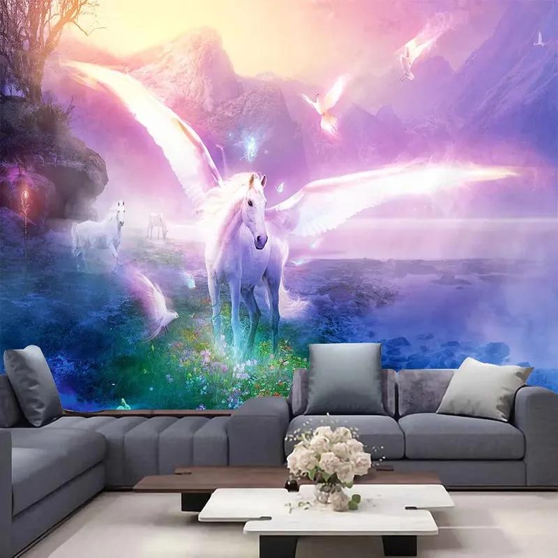 

Психоделический гобелен с изображением единорога и белой лошади, украшение для офиса, гостиной, настенный гобелен для дома 100x75cm