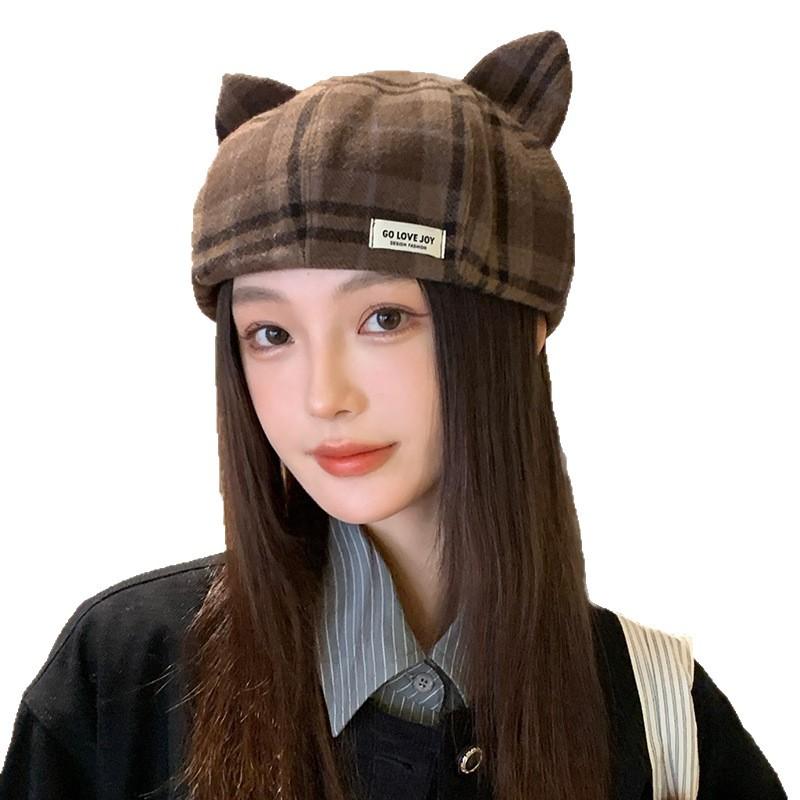 Hat Women's New Style Retro Plaid Cute Cat Ears Beret Japanese Style Autumn and Winter Face Showing Little Painter Hat Trend