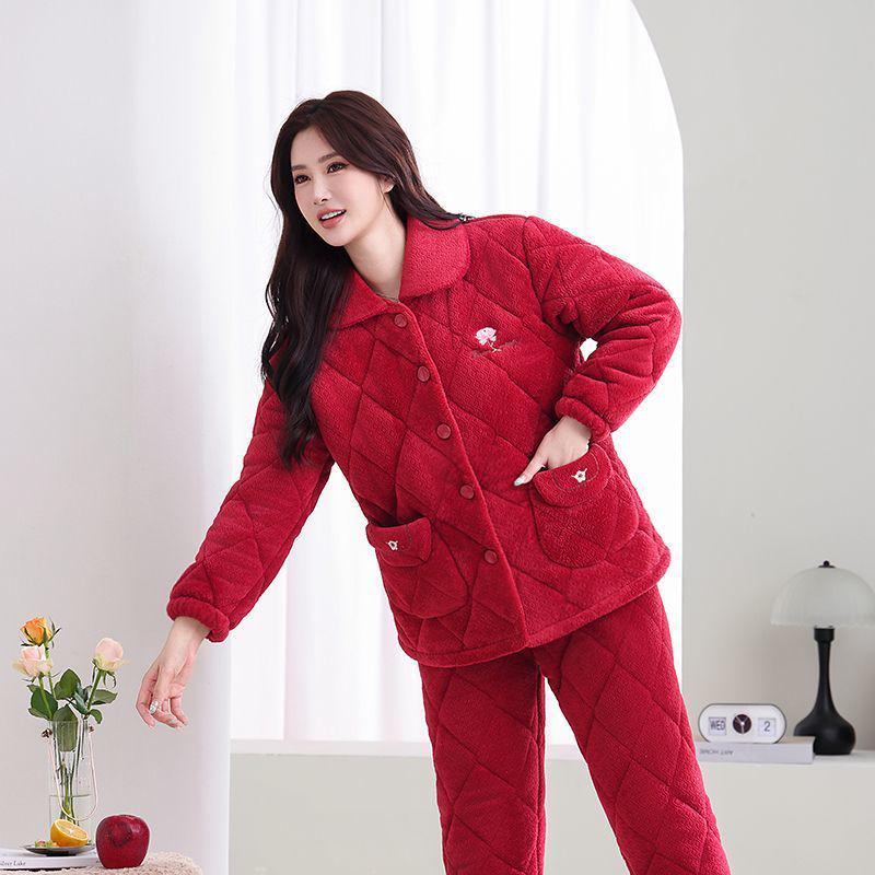 Damen Winter Korallfleece Gesteppter Pyjama - Dickes Flanell Warmes Hausanzug-Set für Mittelalte und Ältere Mütter