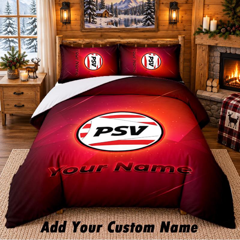 PSV Eindhoven FC Pattern Bedding 3Pcs Set Custom Name, Bed Sheet And Pillowcases For Home Bedroom