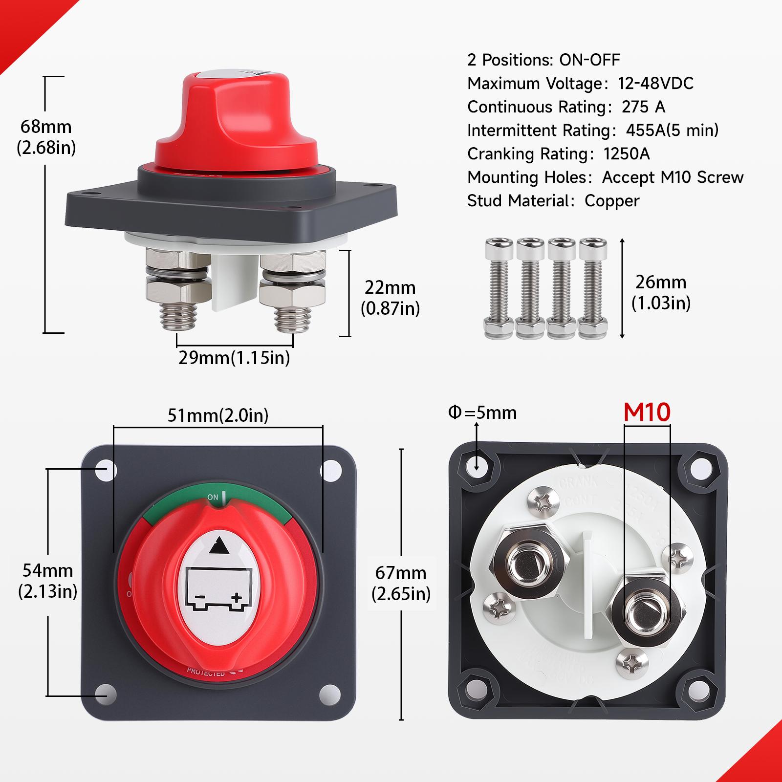 

Brand New 12V-48V DC 275A Battery Power Cut Master Switch ON/OFF Disconnect Isolator Switch M10 M8 Stud For Car Vehicle RV Boat