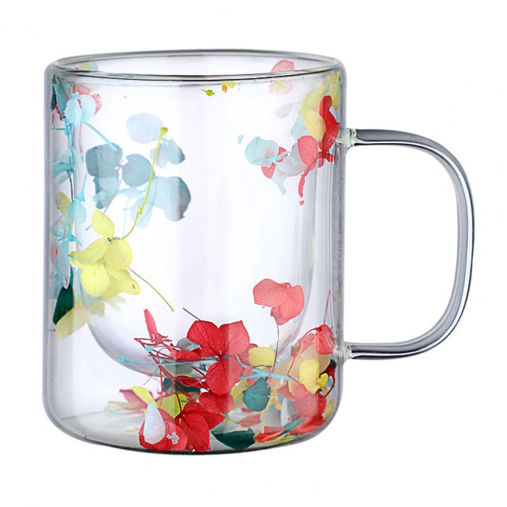Double Wall Glass Coffee Mug with Handle Colorful Petal Design Tumbler Creative Insulated Cup for Hot Cold Beverages Cappuccino