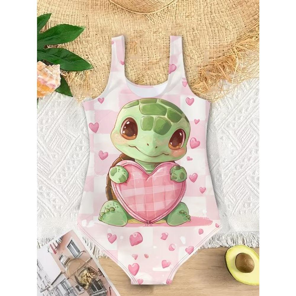Girls One Piece Swimsuit Cute Cartoon Colorful Heart Symbol Print Sleeveless Swimwear Kids Summer Beach Bathing Suit