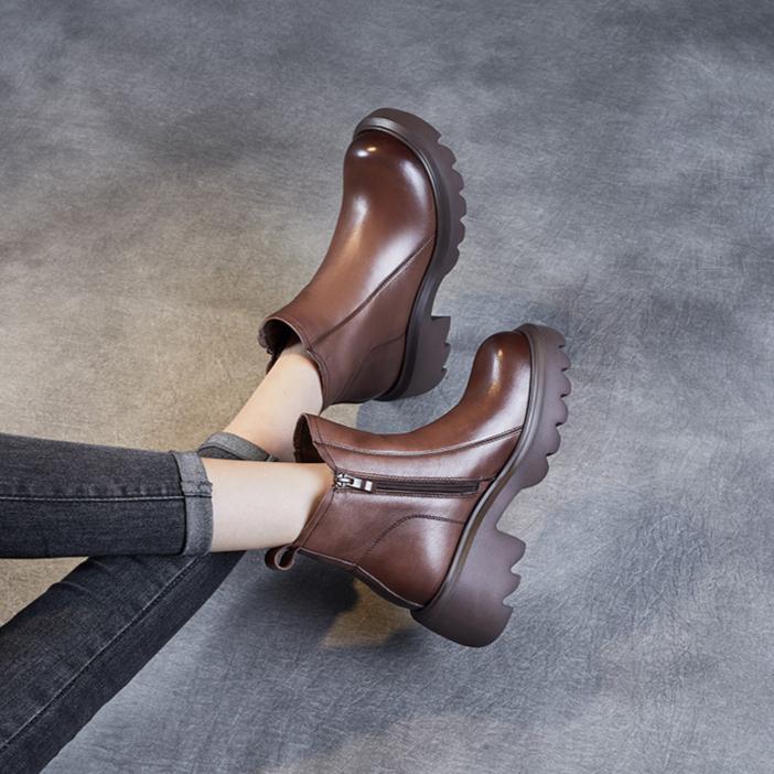 Johnature Thick Soled Genuine Leather Women's Boots British Style Round Toe Thick Heel Short Boots
