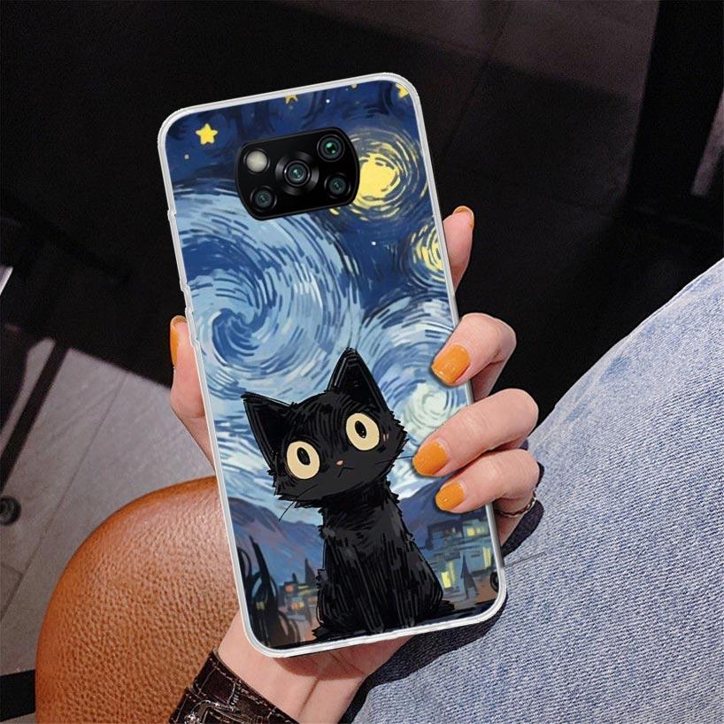 Anime Cute Black Cat Meow Phone Case For Xiaomi Poco X7 X6 X5 Pro F7 Ultra Redmi 15C 15 13C 13 12C 12 10 10A 10C 9 9A 9C 9T Cove