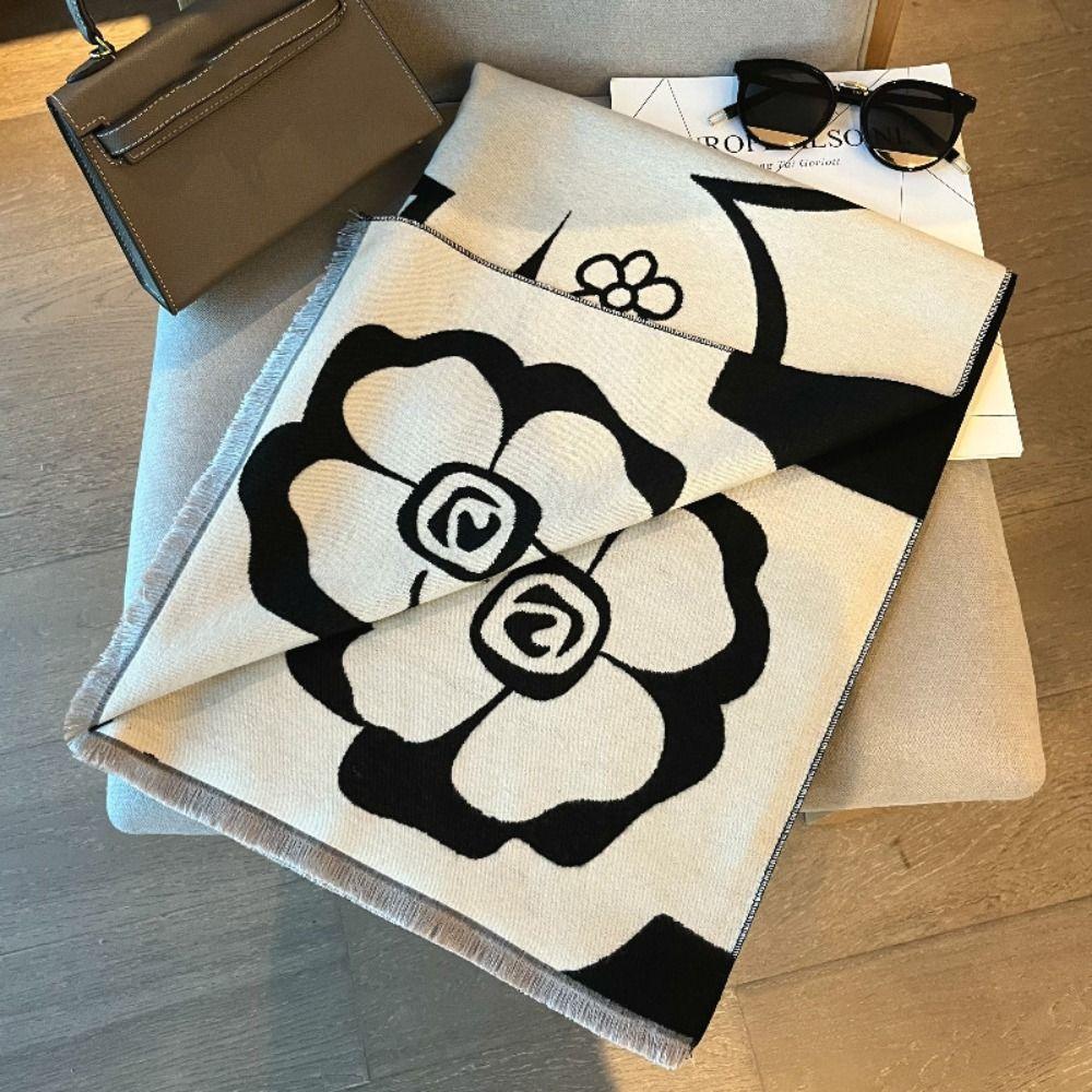 Black White Printed Scarf Camellia Large Wool Shawl Elegant Winter Cashmere Scarves  Girl