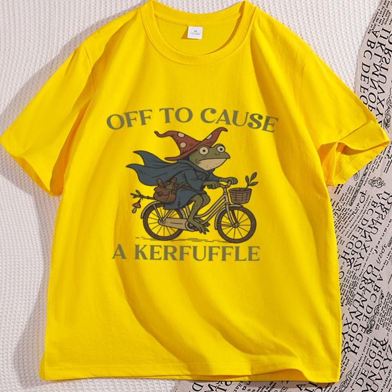 Off To Cause A Kerfuffle Frog Tshirt Men Women Causal Cotton Short Sleeve Funny Weirdcore Sayings Unique Tshirt Tee Clothes