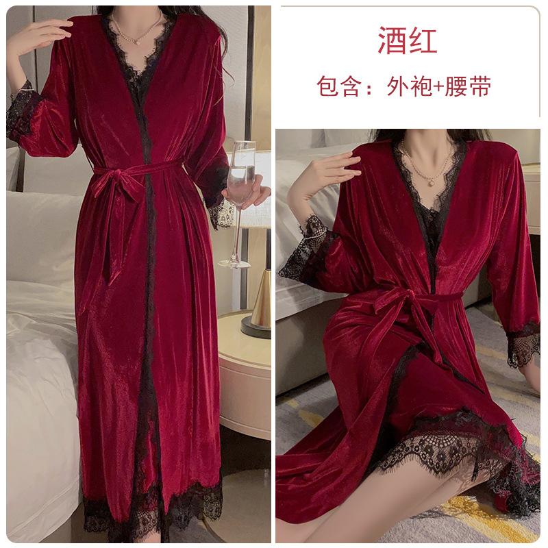 Women's Plus Size Velvet Slit Cami Sleep Dress with Robe for Fall Winter
