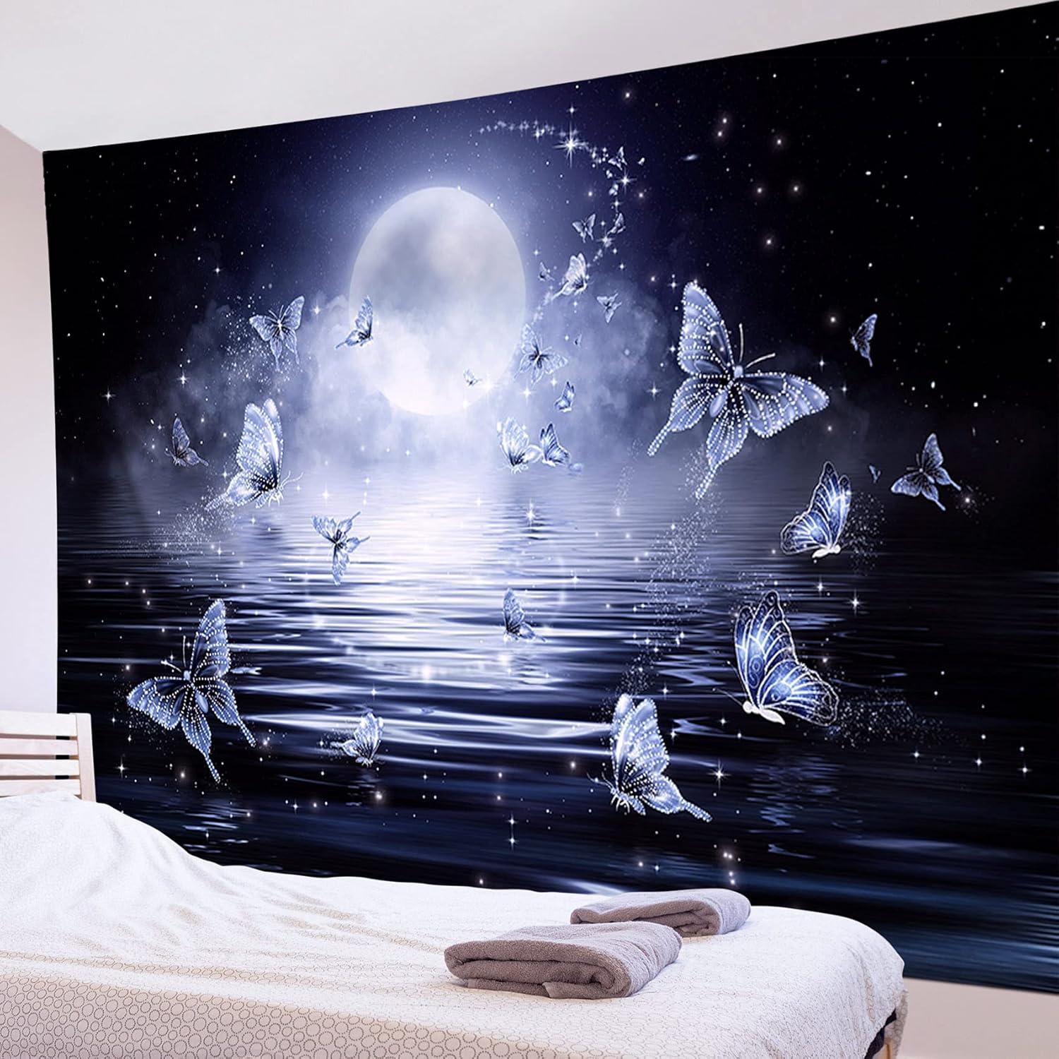 Psychedelic tapestry with butterflies on the wall moon 75x100