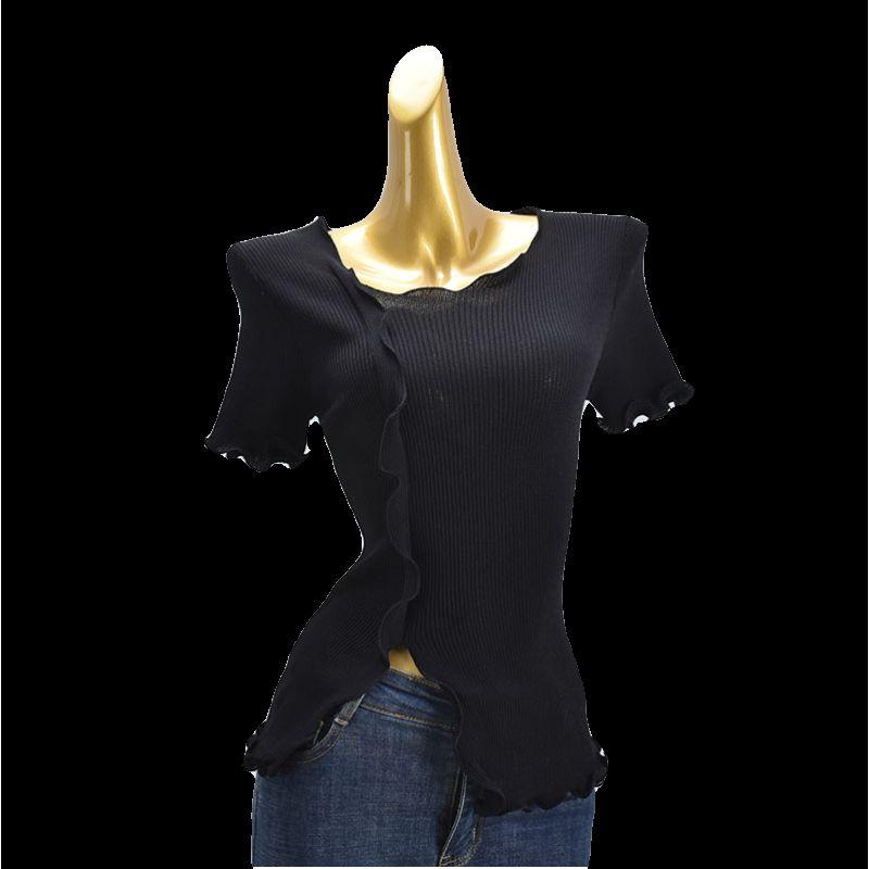 Wooden Ear Solid Color Rib Fabric Short Sleeve High Elastic Top Pullover Ice Silk Thin Women's Split Stylish