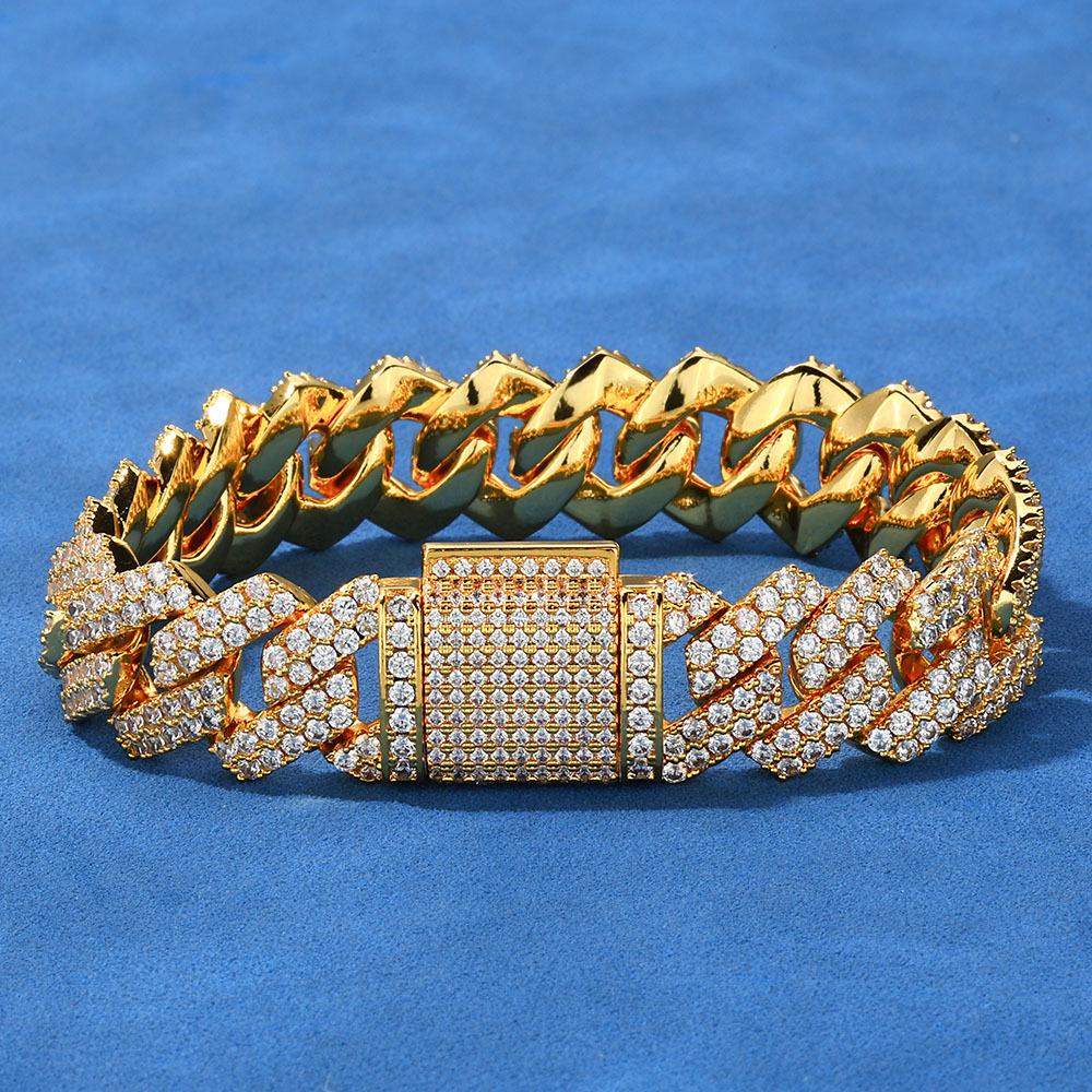 14mm Diamantový kubánský řetízek Zirkonový náramek: Evropský a americký hip-hopový styl, trendy pánský barový náramek