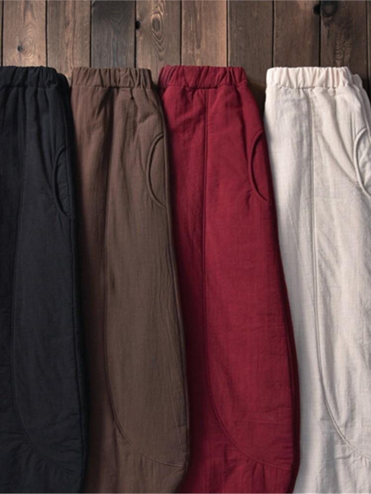 Johnature Winter Vintage Loose Cotton Linen Elastic Mid Waist Pants Solid Color Thicken Warm Women Pants