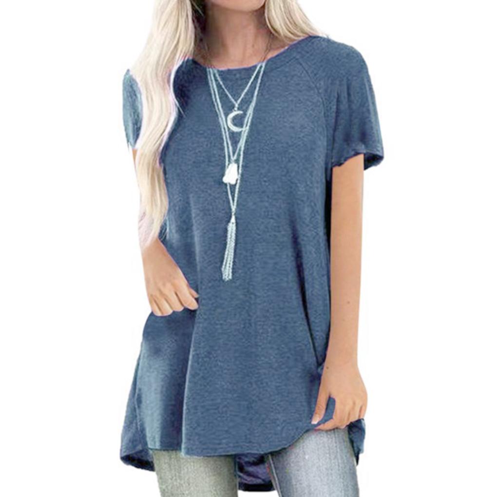 Women T-shirt Round Neck Short Sleeve Top Solid Color Casual T Shirt