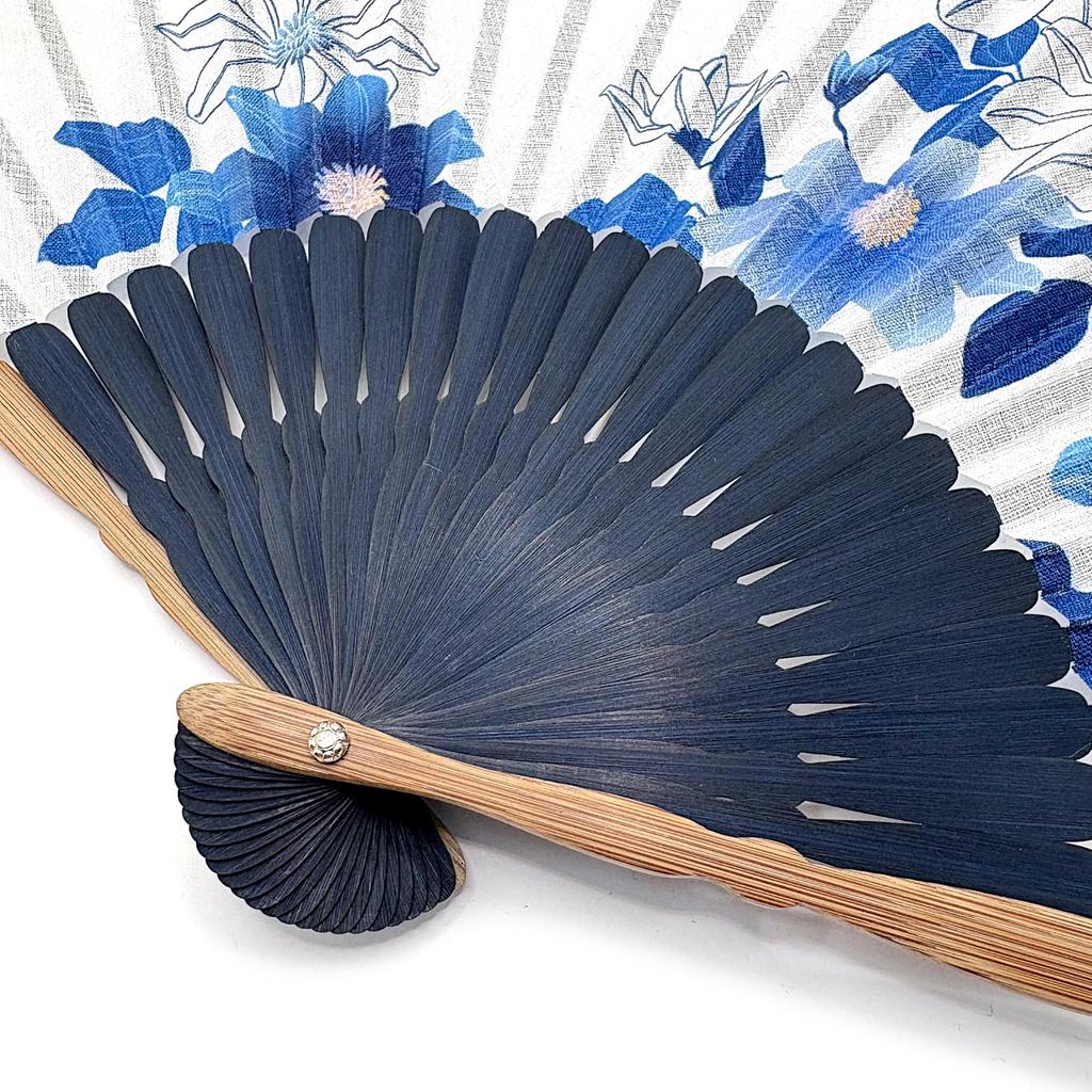 [Hanakanzashi] Women's Clematis Fan Set with Fan Case, White, Indigo, Navy Blue, 21cm [1061 Clematis]