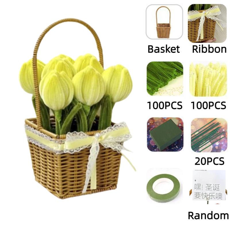 

Handmade Diy Tulip Rose Sunflower Bouquet Material Kit Chenille Stems Set Basket жовтий