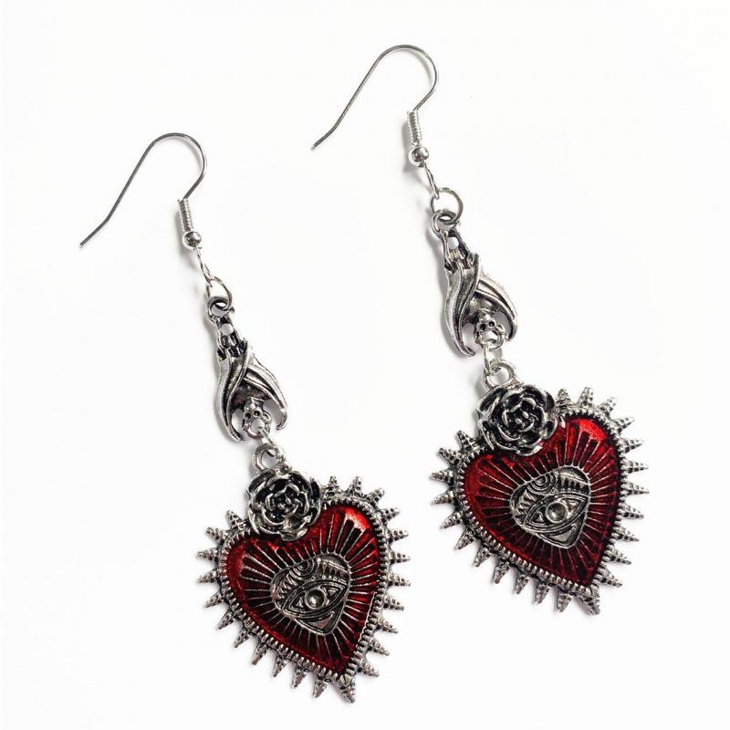 Gothic Punk Red Rose Wings Heart Earrings