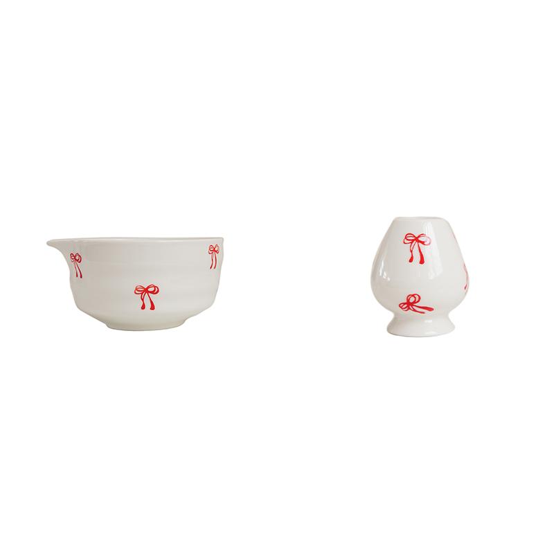 2Pcs/3Pcs Ceramic Red Bow Matcha Bowl Set, Ceramic Bowl with Spout, Matcha Egg Beater Holder, Ceramic Tea Cup