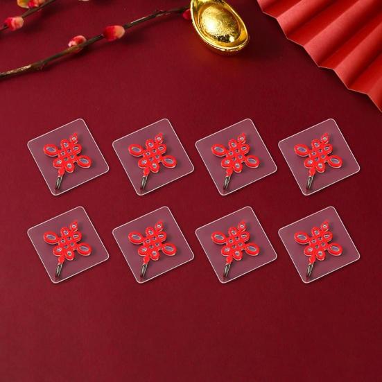 8Pcs Chinese Style Self-adhesive Hooks Drill-Free Installation Festive Decor Hooks Red Lanterns Chinese Knots Hooks for Spring Festival Home
