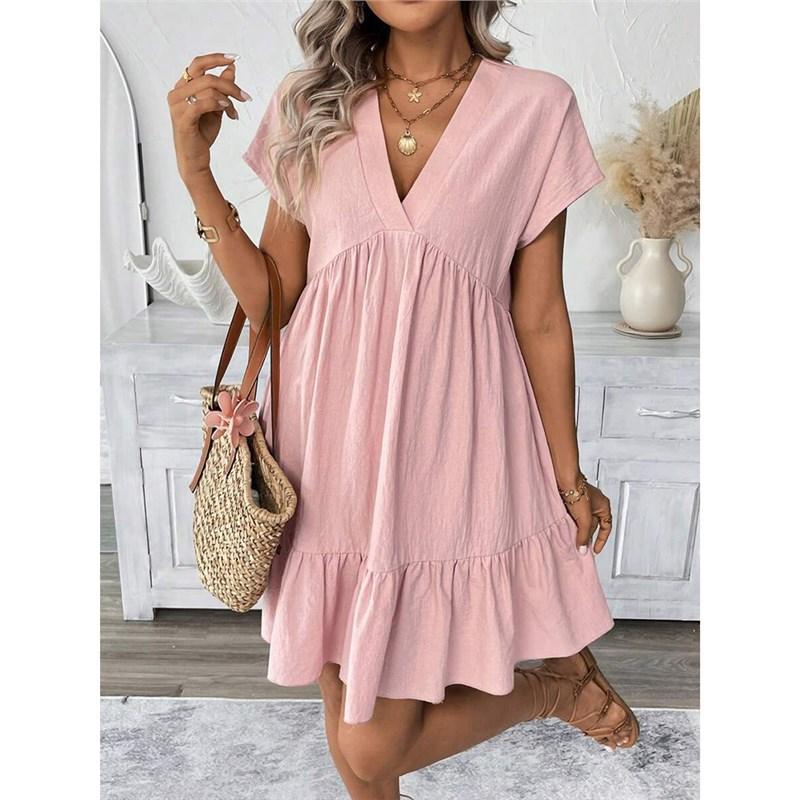 Women V Neck Short Sleeve Ruffle Hem Dress Light Pink S