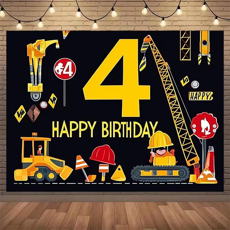 2D Kids Construction 4th Birthday Backdrop - Boys Party Photo Booth Background