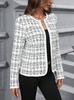 Women's Long Sleeve Cardigan Round Neck Elegant Tweed Jacket Houndstooth Pattern Casual Outerwear Fall Coat