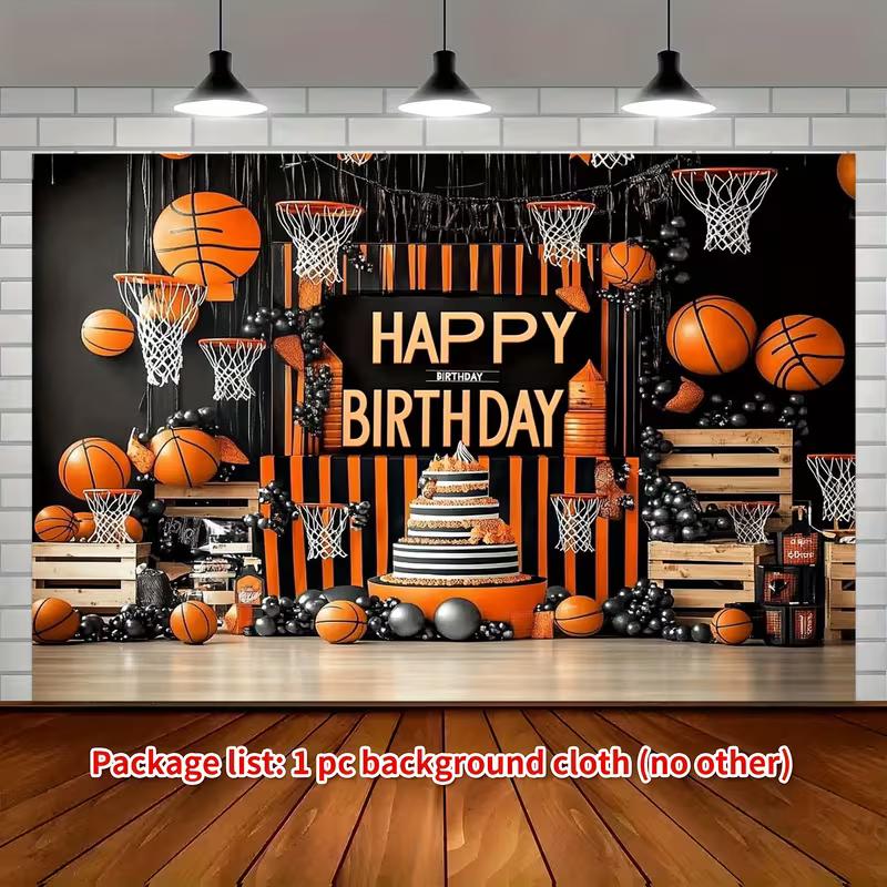 2D Basketball Themed Birthday Backdrop, Black Orange Sports Party Background Cloth 47.2x31.5inch/120*80cm