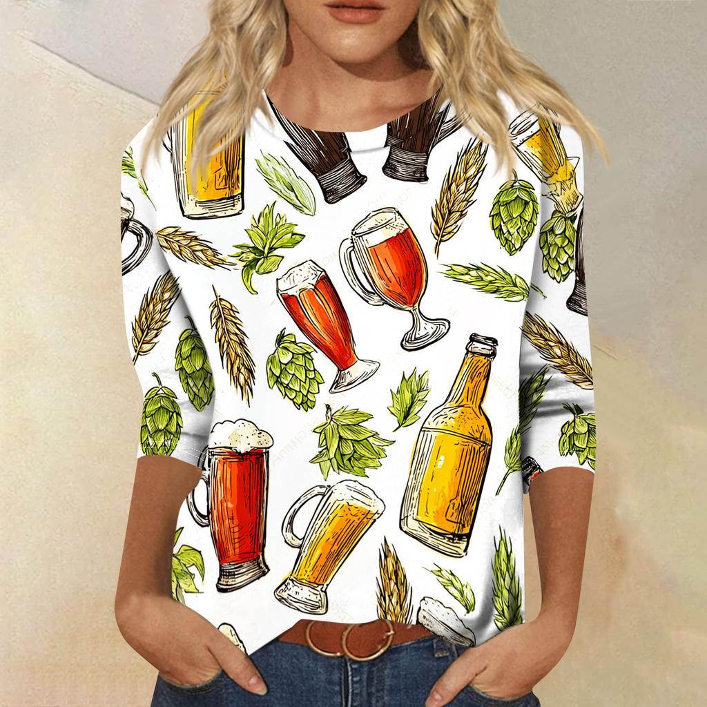 Damskjorta, avslappnad, rundhalsad, trekvartsärm, lös passform, tryckt T-shirt-topp med festivaltema för dagligt bruk