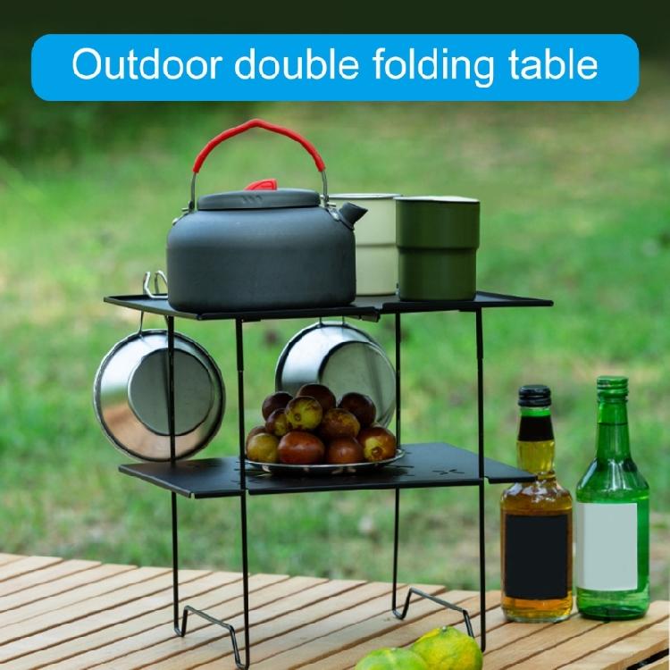 Double Layer Camping Table Metal Alloy Picnics Table Grid & Metal Plate Camping Table Outdoor Camp Storage Rack