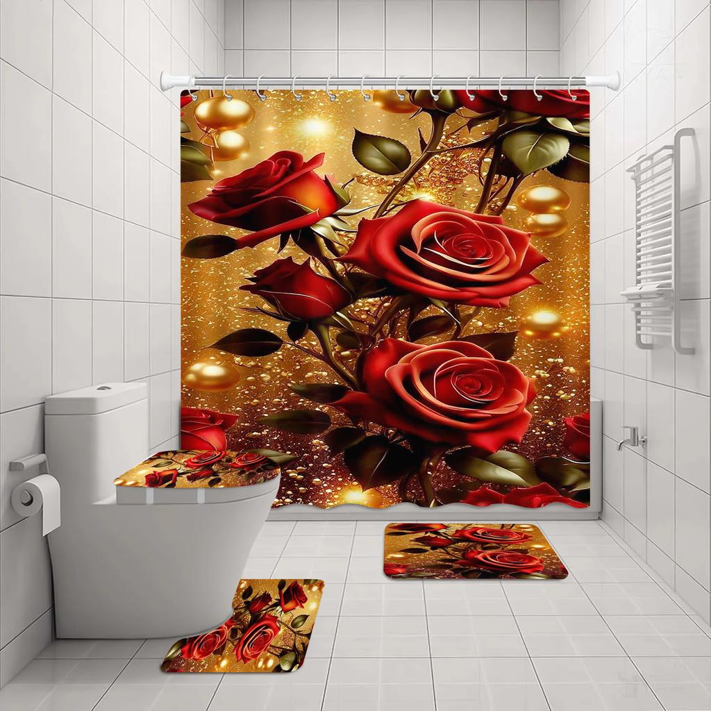 Rose Shower Curtain Love Couple Bath 4 Pcs Set Cute Cartoon Luxury Accessories Sets Full Mats Gifts for Boys Girls